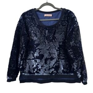 Traffic People Sequin Scoop Neck Sweatshirt Womens L Blue Long Sleeve Party Glam